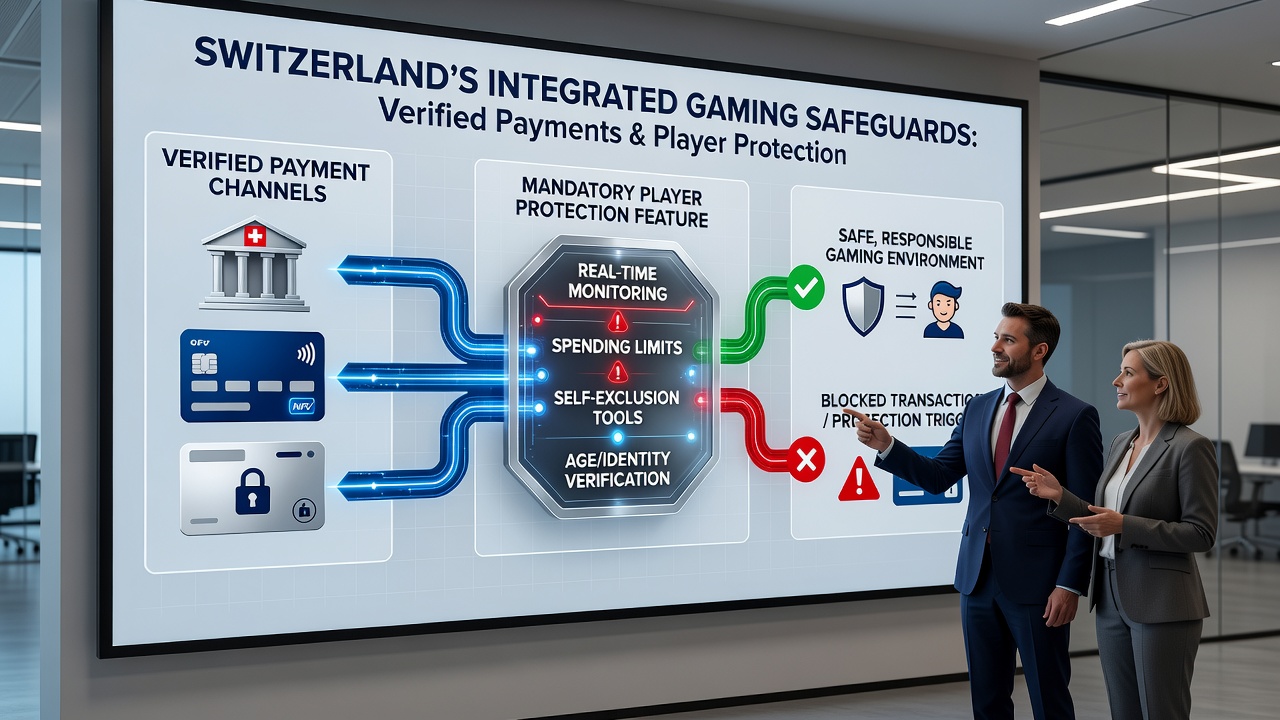 Flowchart depicting how Swiss licensed gaming platforms link payment verification to mandatory protection alerts and limit enforcement